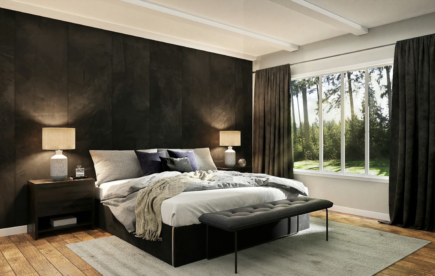 Bedroom with a full height dark suede panelled wall and woodland view