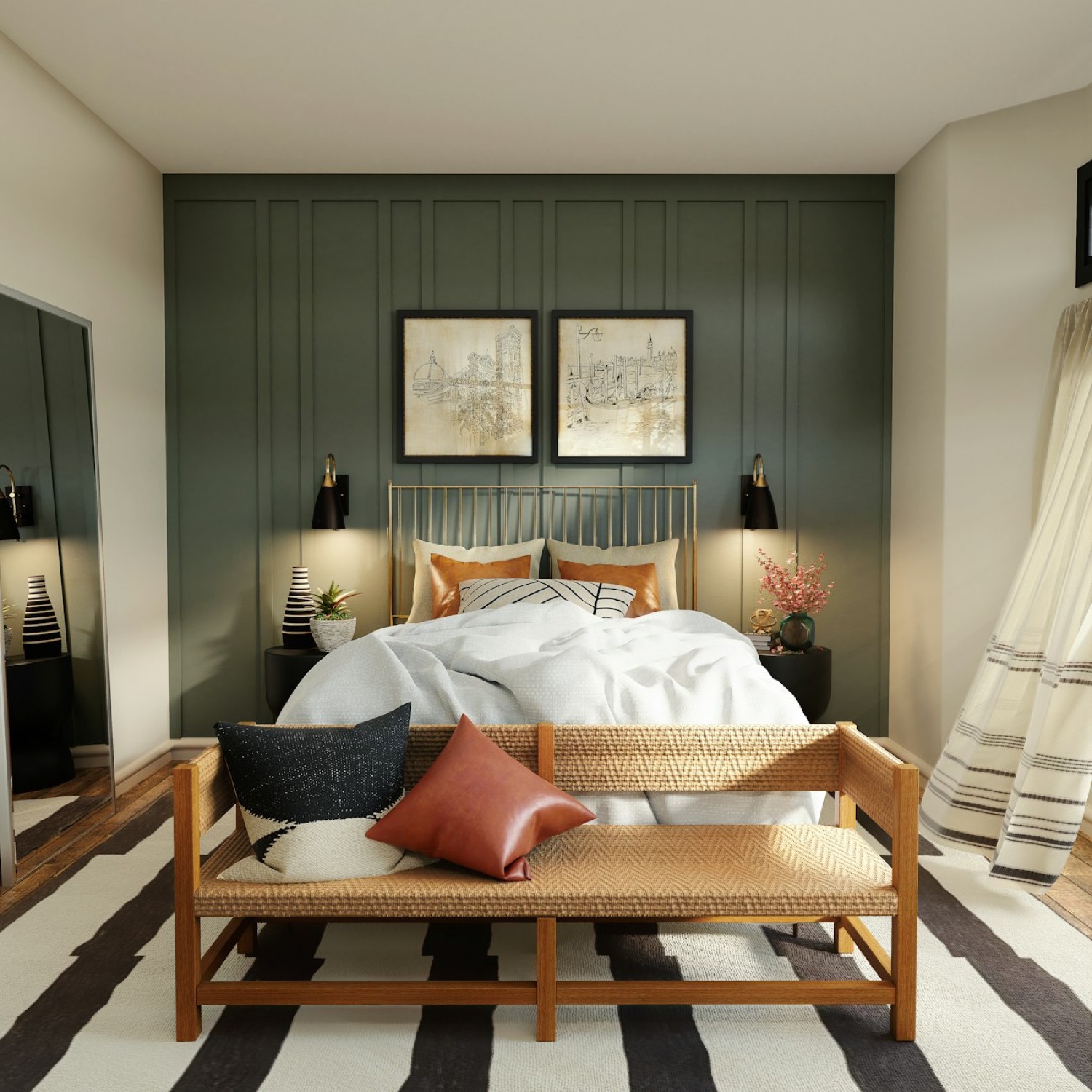 Bedroom with an olive panelled wall, brass bed frame and woven bench