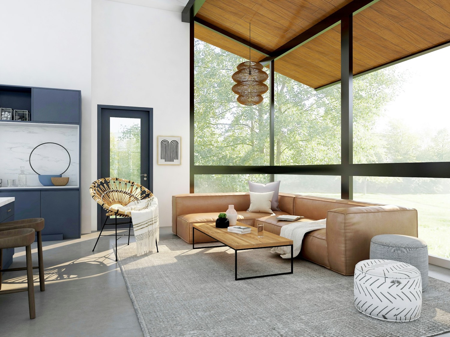Double height living room with a tan leather sectional, timber ceiling and full height glazing onto woodland