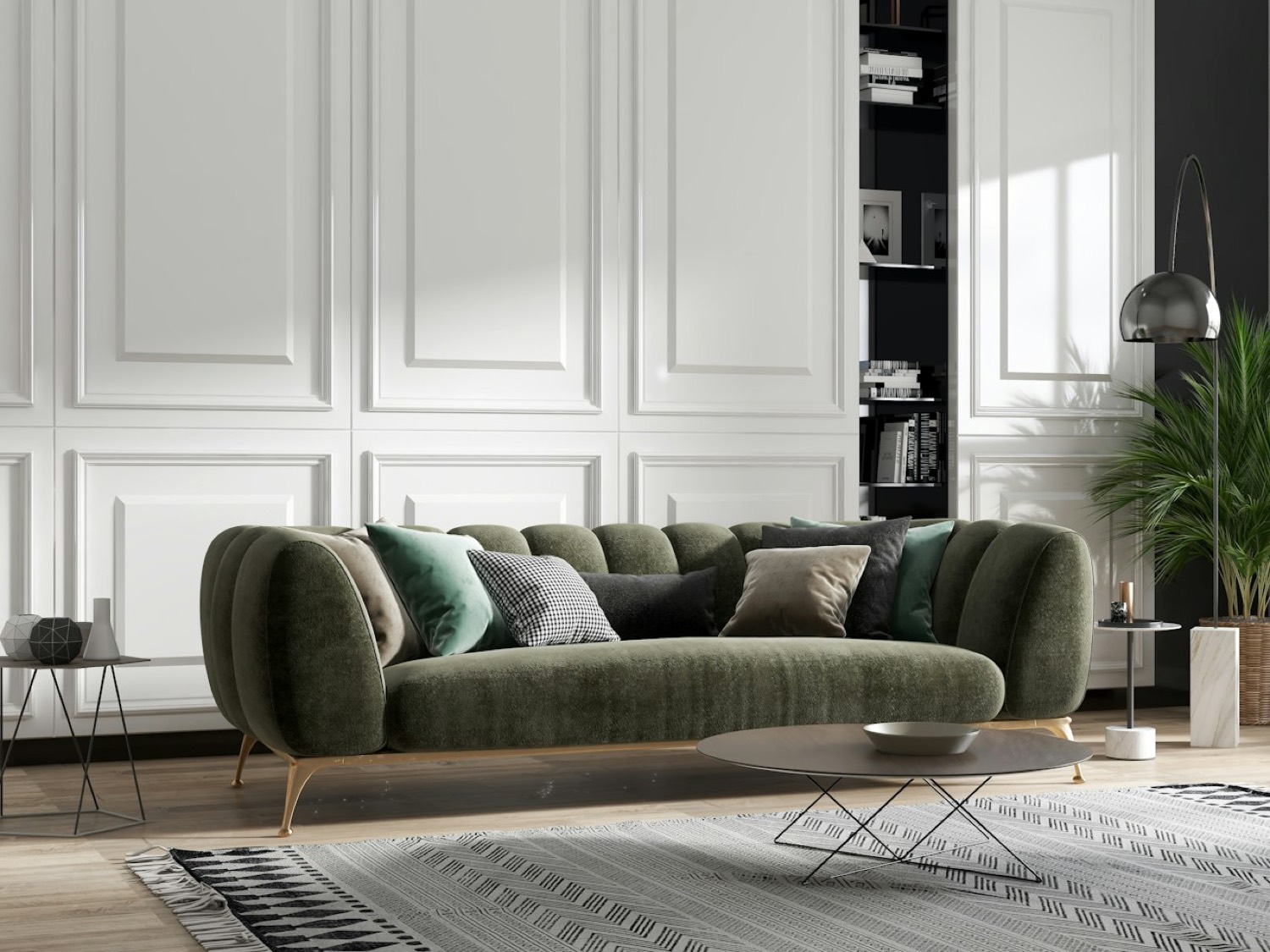Living room with a deep green velvet sofa against a panelled wall and a polished steel arc lamp